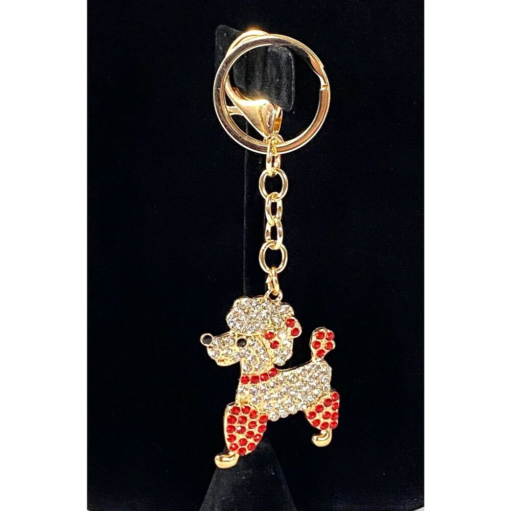 Poodle Rhinestone Charm Keychain Key Holder Multicolor Gold Tone Metal New